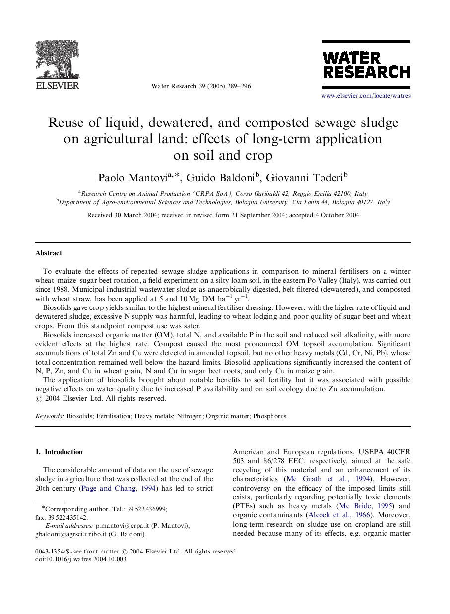 Reuse of liquid, dewatered, and composted sewage sludge on agricultural land: effects of long-term application on soil and crop