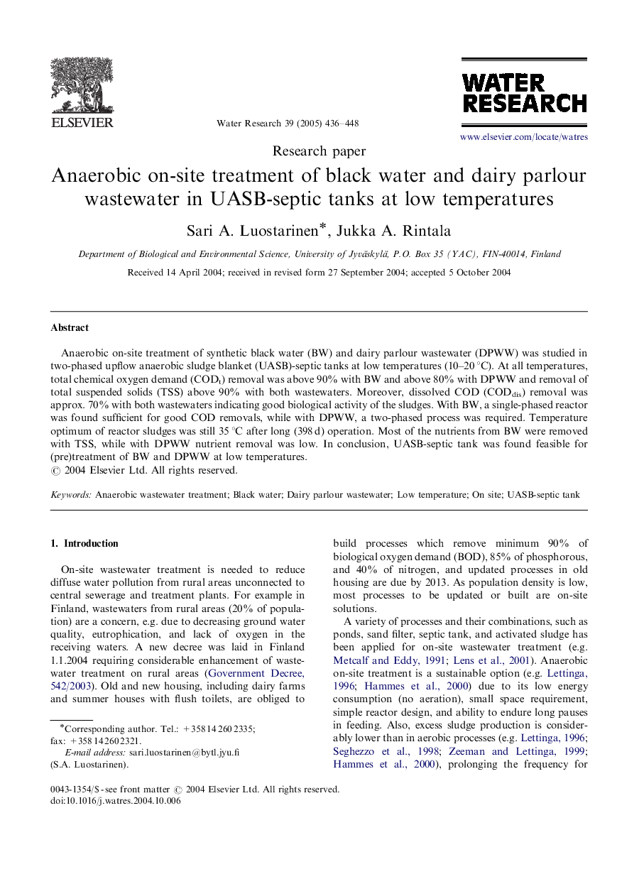 عکس صفحه اول مقاله: Anaerobic on-site treatment of black water and dairy parlour wastewater in UASB-septic tanks at low temperatures Anaerobic on-site treatment of black water and dairy parlour wastewater in UASB-septic tanks at low temperatures