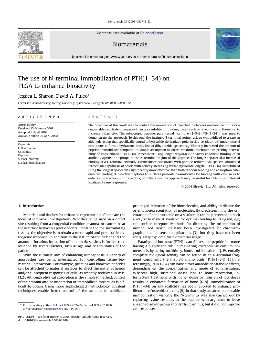 The use of N-terminal immobilization of PTH(1–34) on PLGA to enhance bioactivity