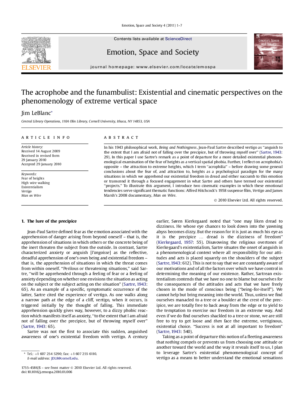 The acrophobe and the funambulist: Existential and cinematic perspectives on the phenomenology of extreme vertical space