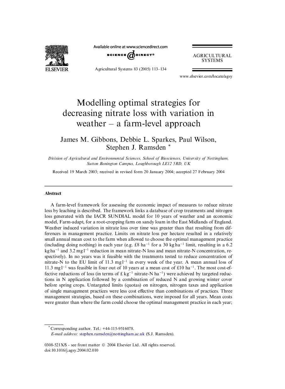 Modelling optimal strategies for decreasing nitrate loss with variation in weather - a farm-level approach