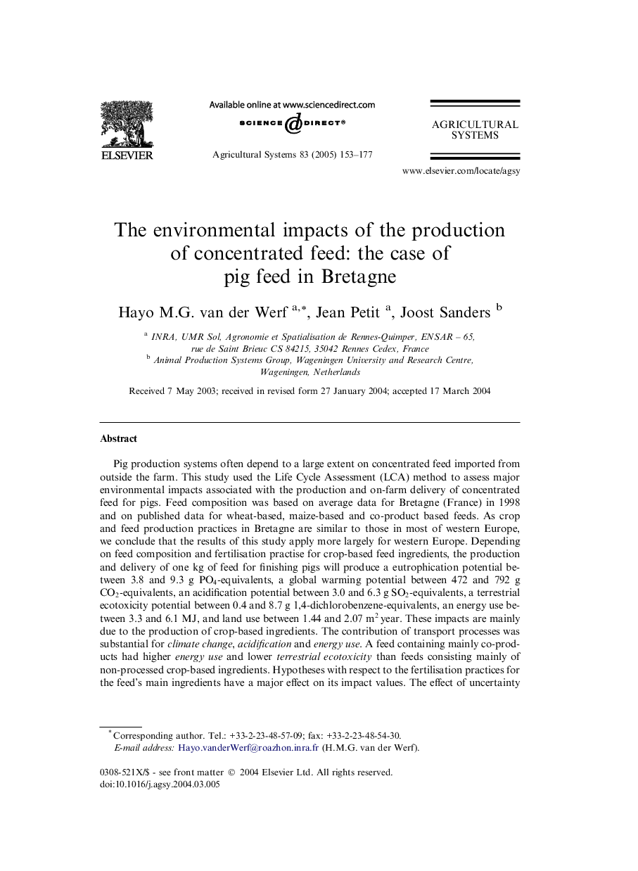 The environmental impacts of the production of concentrated feed: the case of pig feed in Bretagne