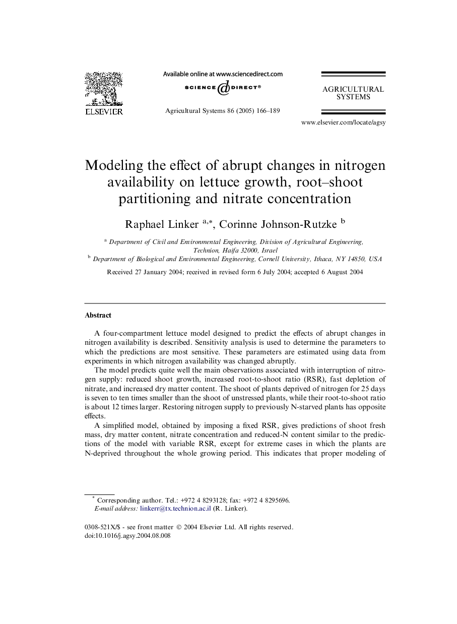 عکس صفحه اول مقاله: Modeling the effect of abrupt changes in nitrogen availability on lettuce growth, root-shoot partitioning and nitrate concentration Modeling the effect of abrupt changes in nitrogen availability on lettuce growth, root-shoot partitioning and nitrate concentration