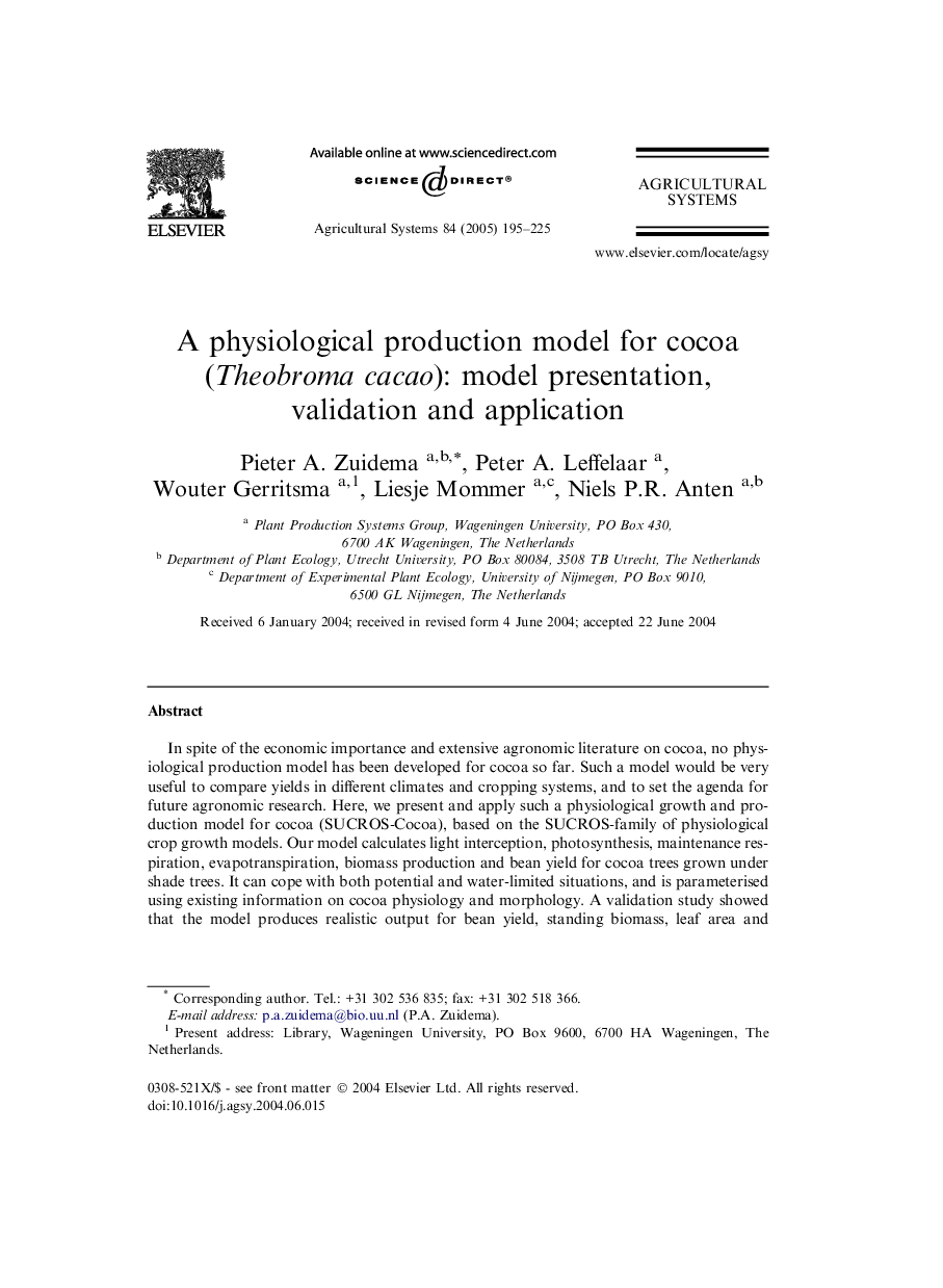 A physiological production model for cocoa (Theobroma cacao): model presentation, validation and application