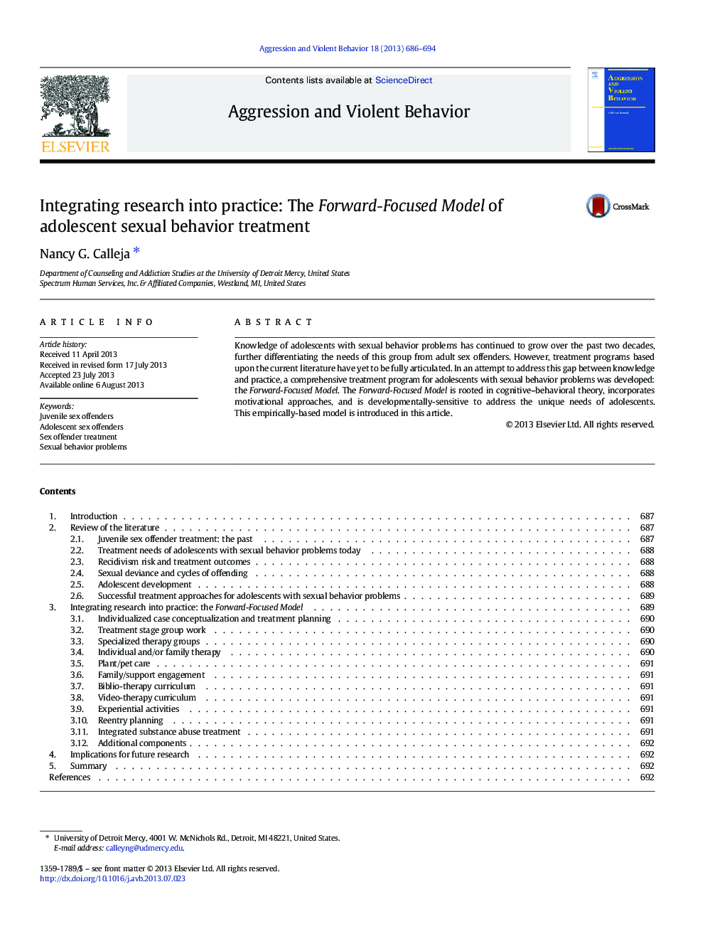 عکس صفحه اول مقاله: Integrating research into practice: The Forward-Focused Model of adolescent sexual behavior treatment Integrating research into practice: The Forward-Focused Model of adolescent sexual behavior treatment