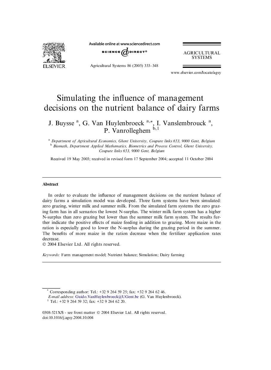 Simulating the influence of management decisions on the nutrient balance of dairy farms