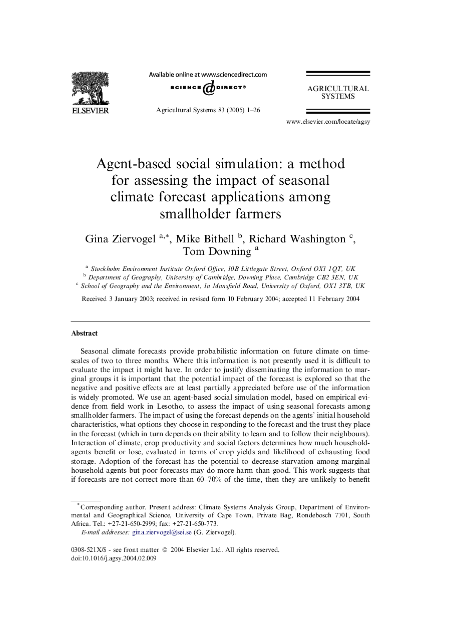 Agent-based social simulation: a method for assessing the impact of seasonal climate forecast applications among smallholder farmers