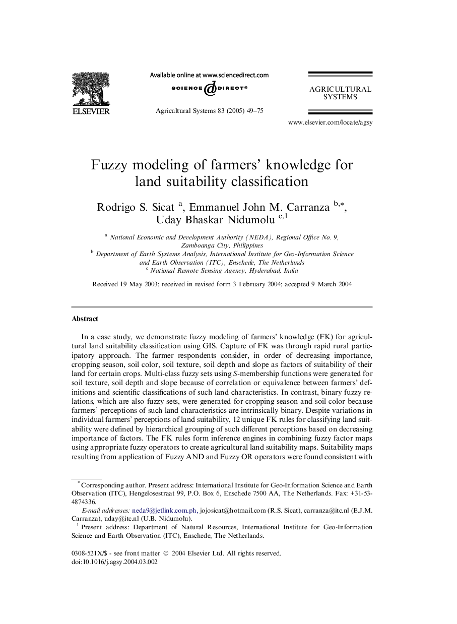 Fuzzy modeling of farmers' knowledge for land suitability classification