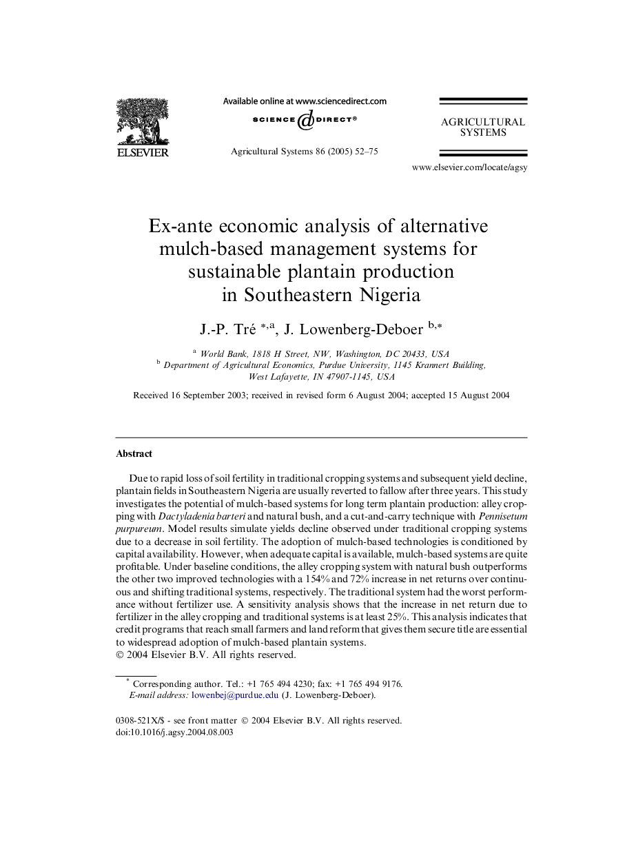 Ex-ante economic analysis of alternative mulch-based management systems for sustainable plantain production in Southeastern Nigeria