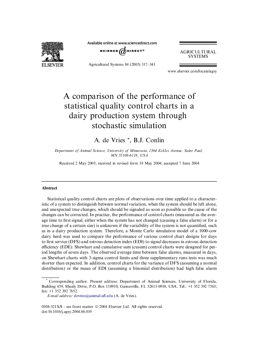 A comparison of the performance of statistical quality control charts in a dairy production system through stochastic simulation