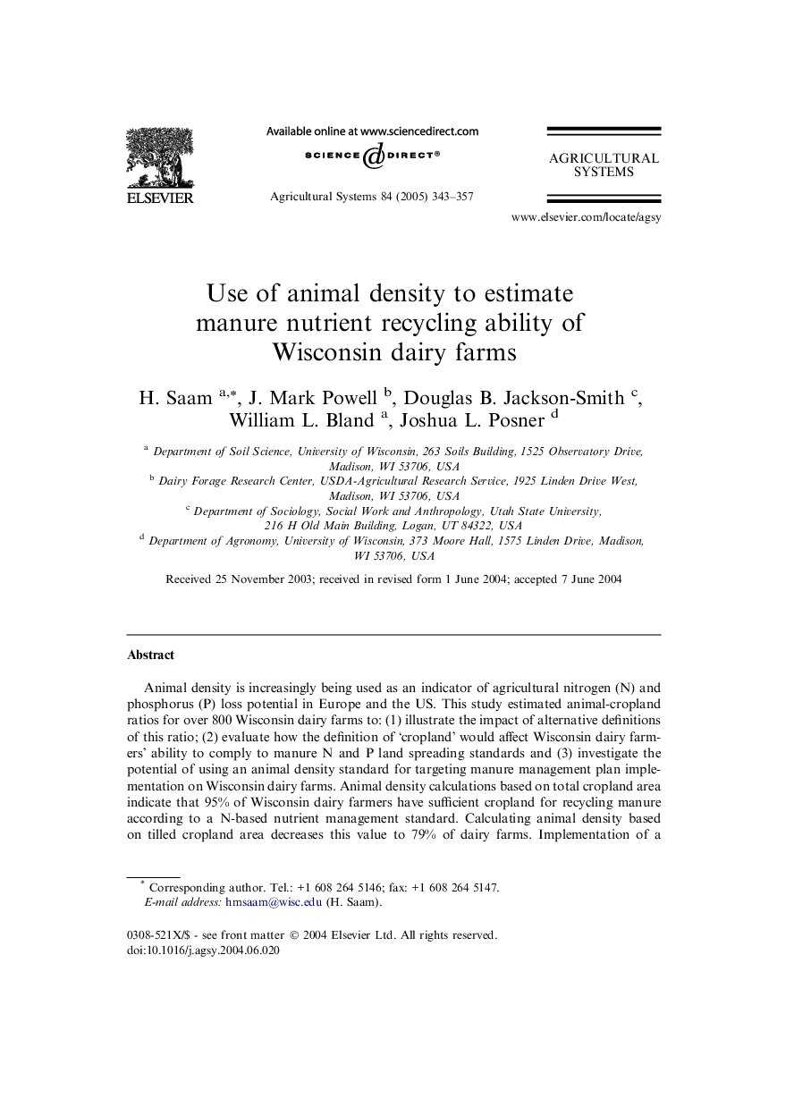 Use of animal density to estimate manure nutrient recycling ability of Wisconsin dairy farms