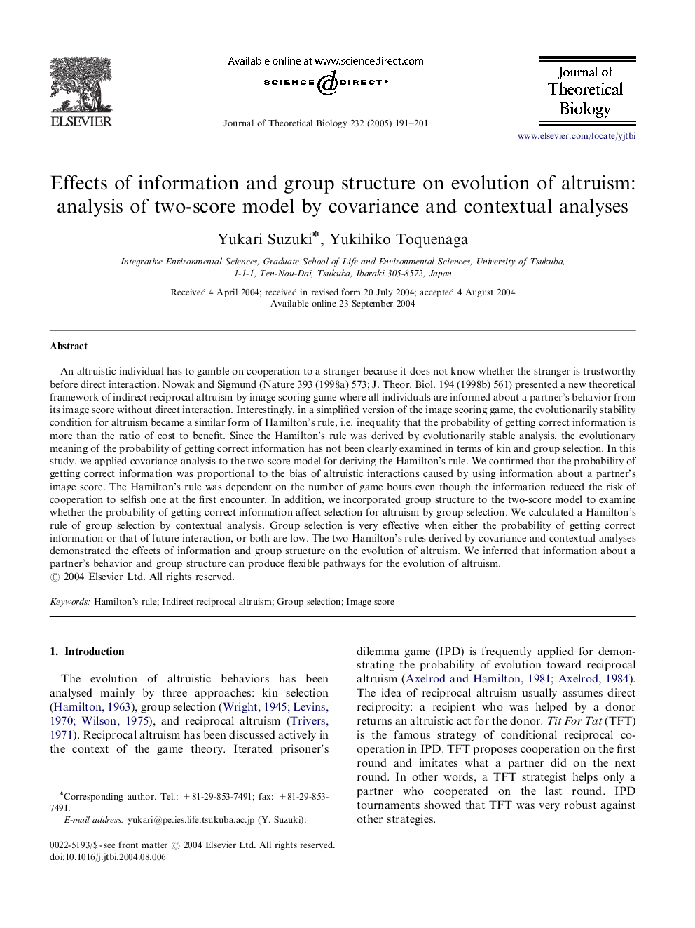 Effects of information and group structure on evolution of altruism: analysis of two-score model by covariance and contextual analyses