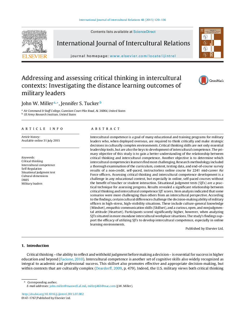 Addressing and assessing critical thinking in intercultural contexts: Investigating the distance learning outcomes of military leaders