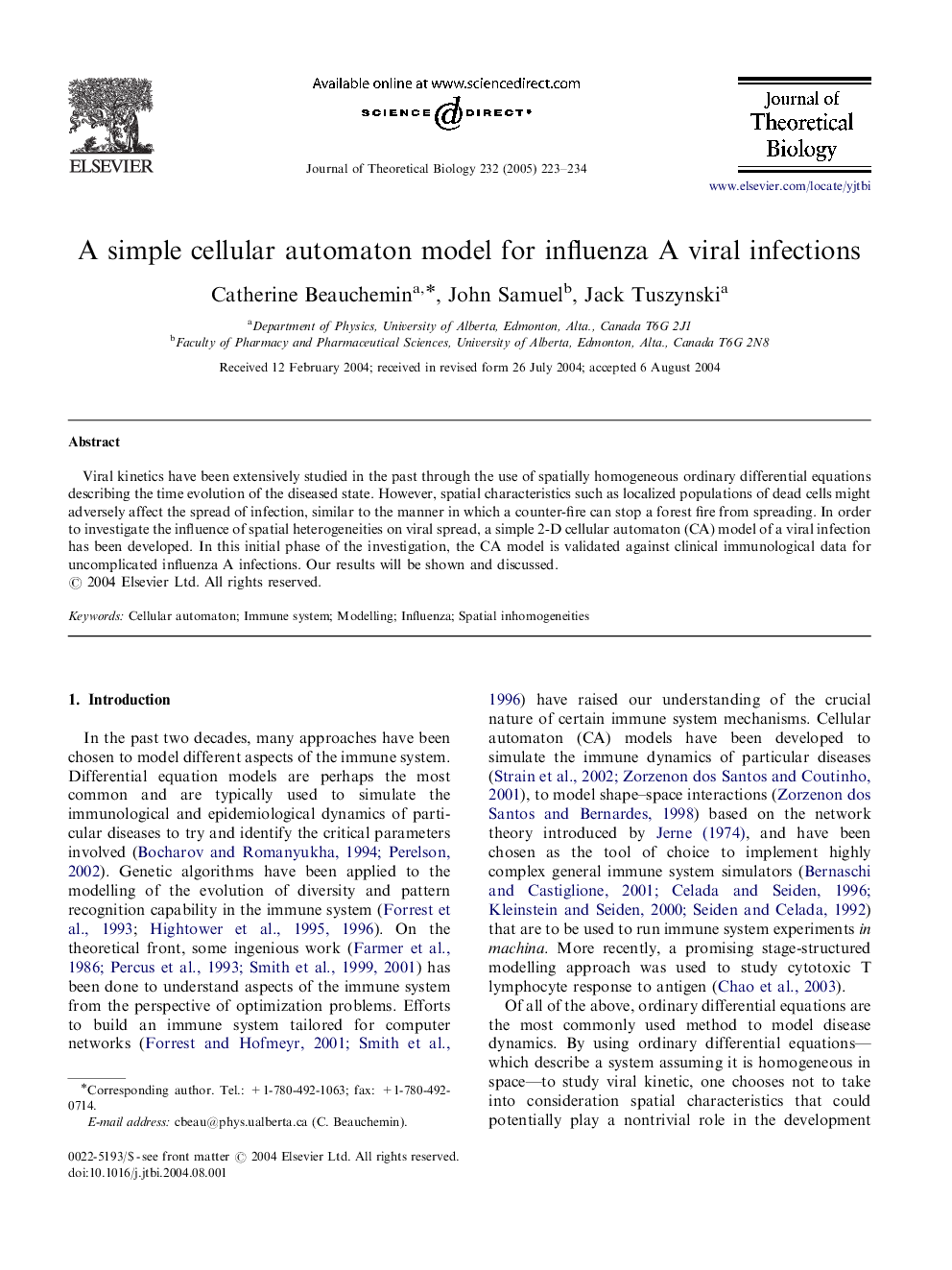 A simple cellular automaton model for influenza A viral infections