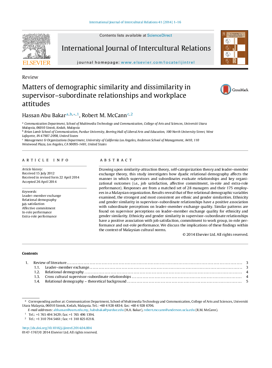 Matters of demographic similarity and dissimilarity in supervisor–subordinate relationships and workplace attitudes