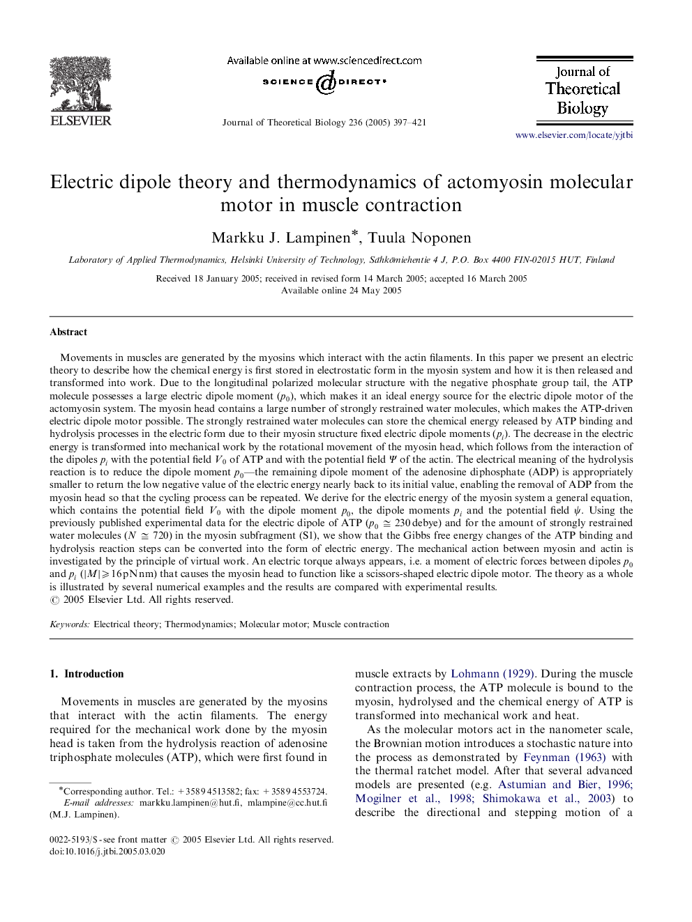 Electric dipole theory and thermodynamics of actomyosin molecular motor in muscle contraction