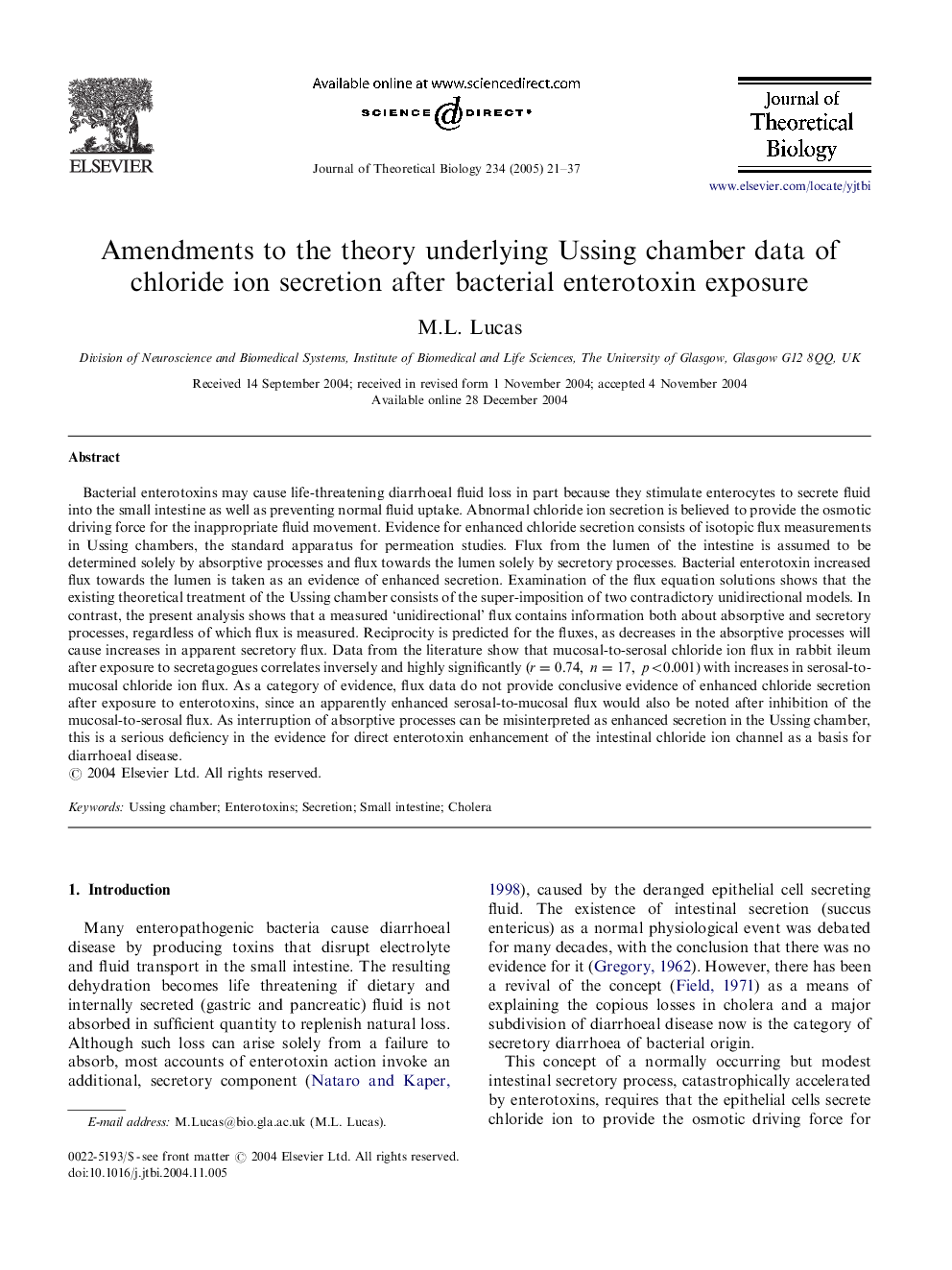 Amendments to the theory underlying Ussing chamber data of chloride ion secretion after bacterial enterotoxin exposure