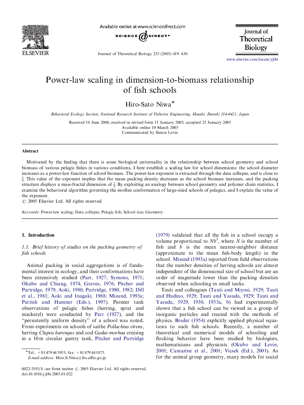 Power-law scaling in dimension-to-biomass relationship of fish schools