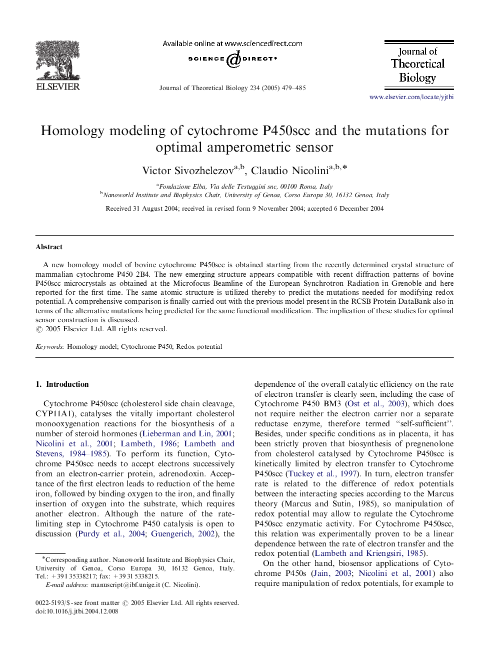 Homology modeling of cytochrome P450scc and the mutations for optimal amperometric sensor