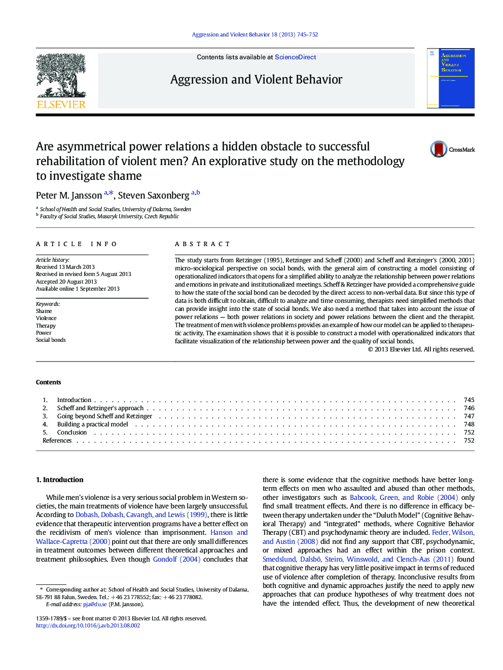 Are asymmetrical power relations a hidden obstacle to successful rehabilitation of violent men? An explorative study on the methodology to investigate shame