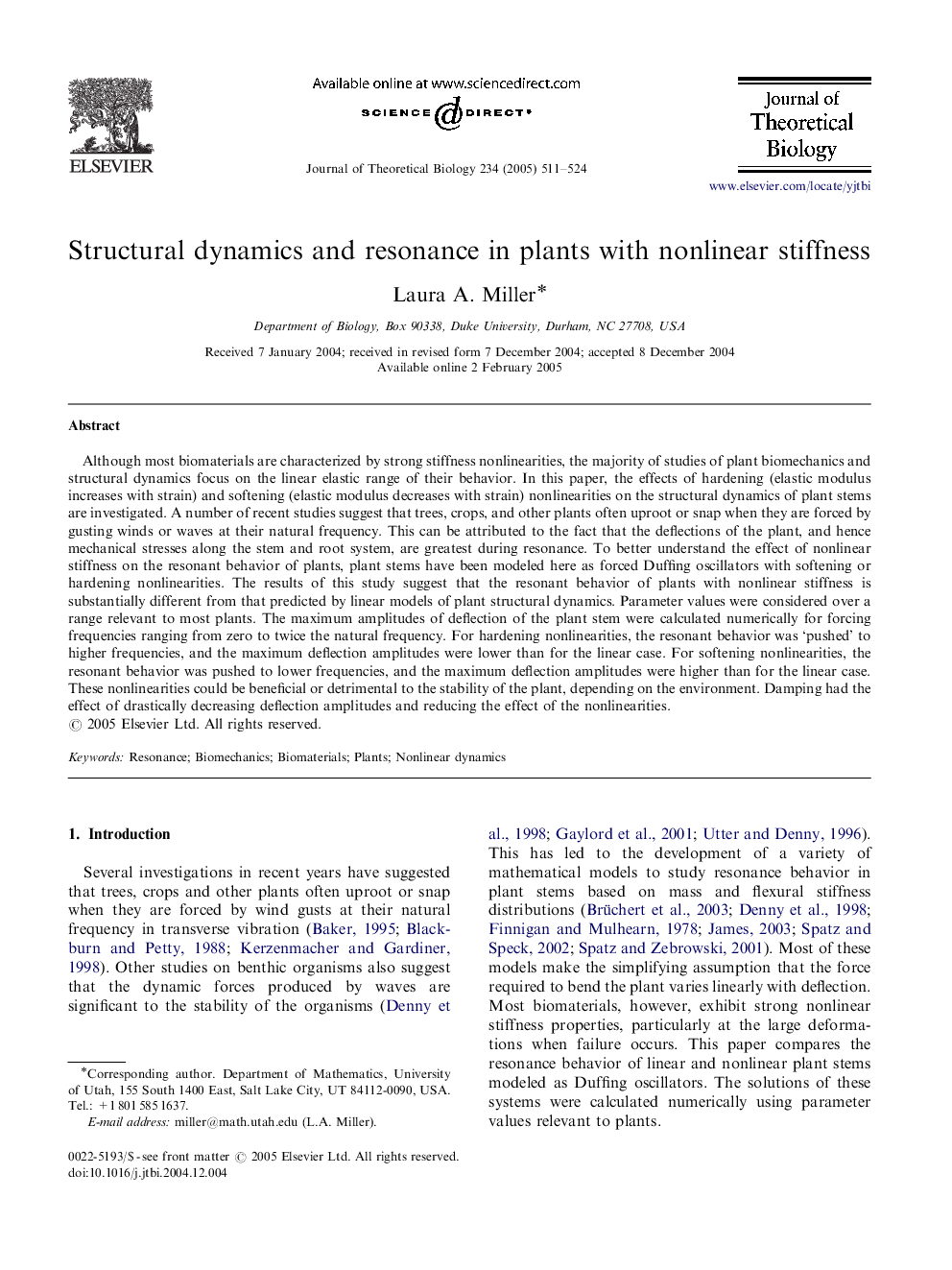 Structural dynamics and resonance in plants with nonlinear stiffness