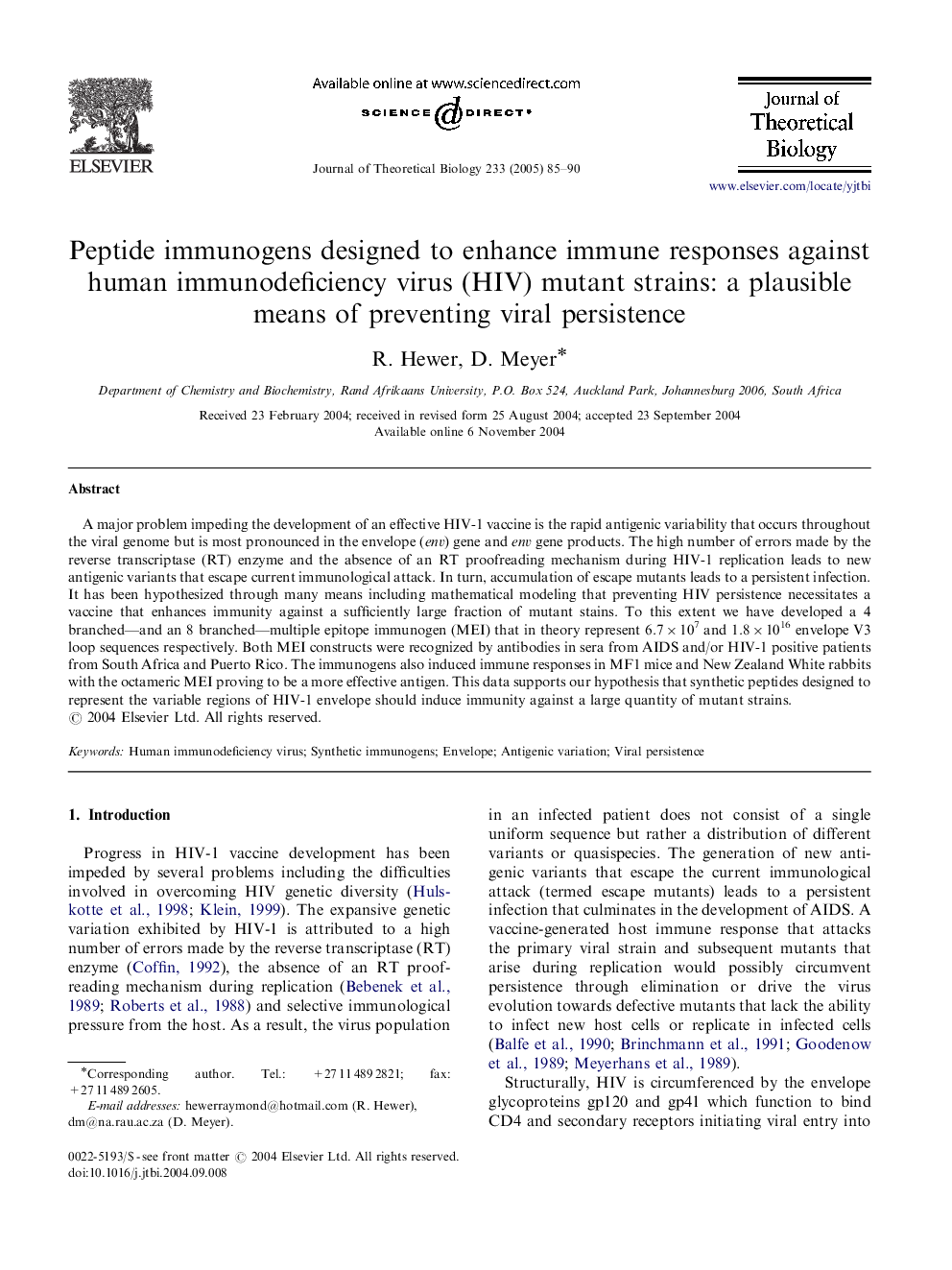 Peptide immunogens designed to enhance immune responses against human immunodeficiency virus (HIV) mutant strains: a plausible means of preventing viral persistence