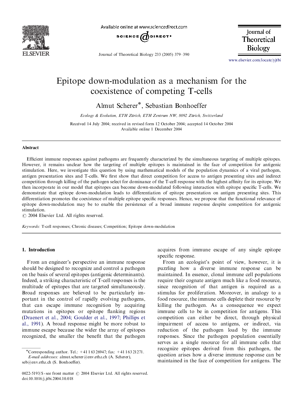 Epitope down-modulation as a mechanism for the coexistence of competing T-cells