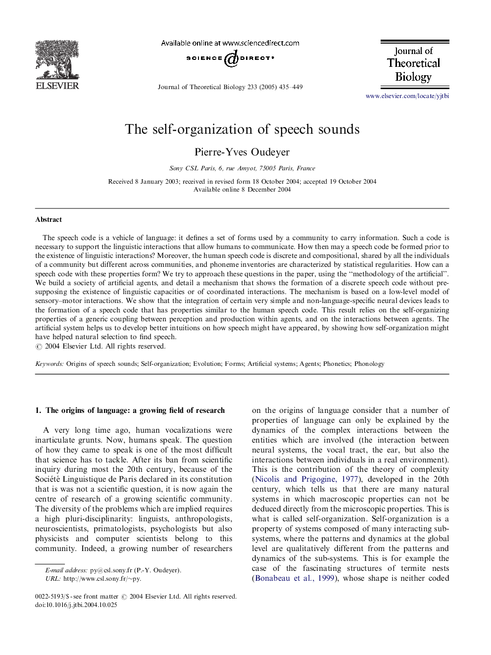 The self-organization of speech sounds