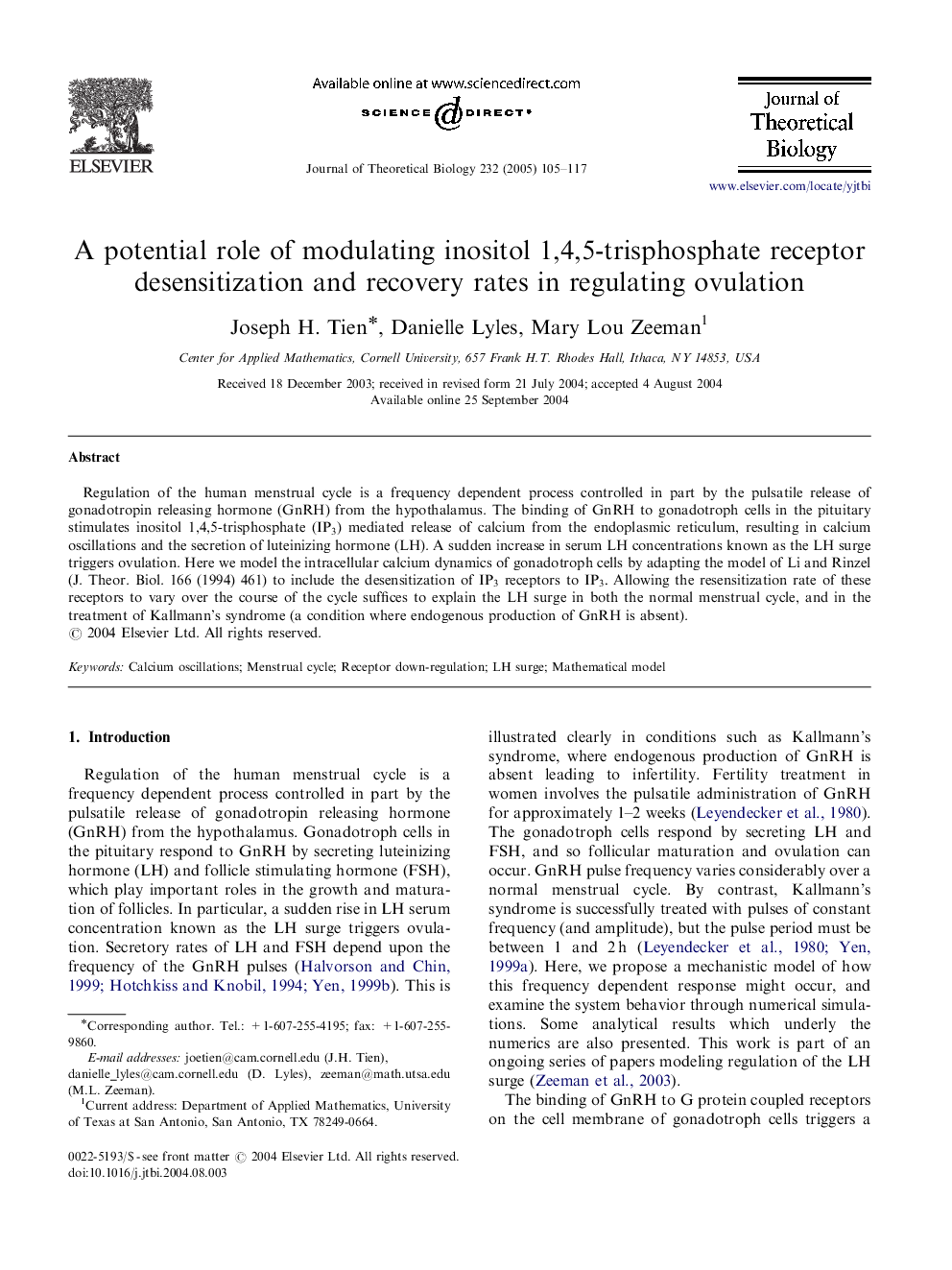 A potential role of modulating inositol 1,4,5-trisphosphate receptor desensitization and recovery rates in regulating ovulation