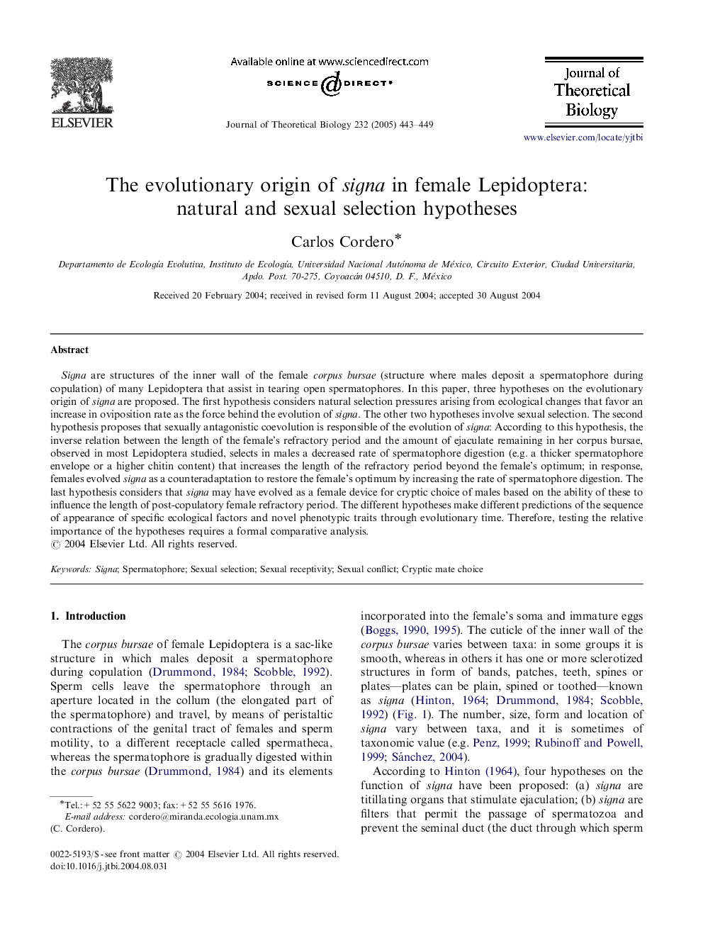 The evolutionary origin of signa in female Lepidoptera: natural and sexual selection hypotheses