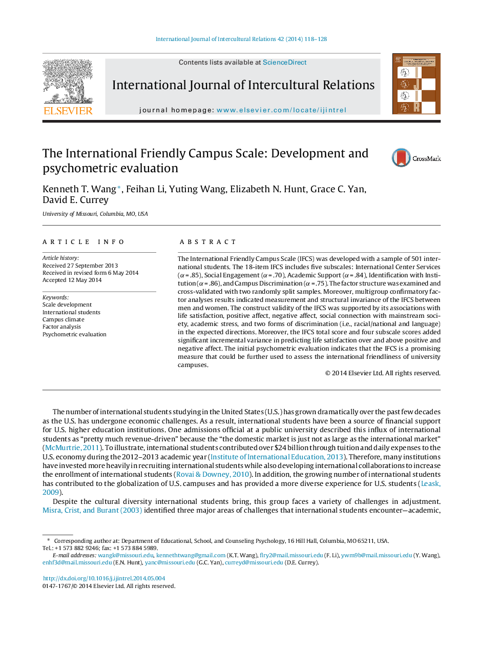 The International Friendly Campus Scale: Development and psychometric evaluation