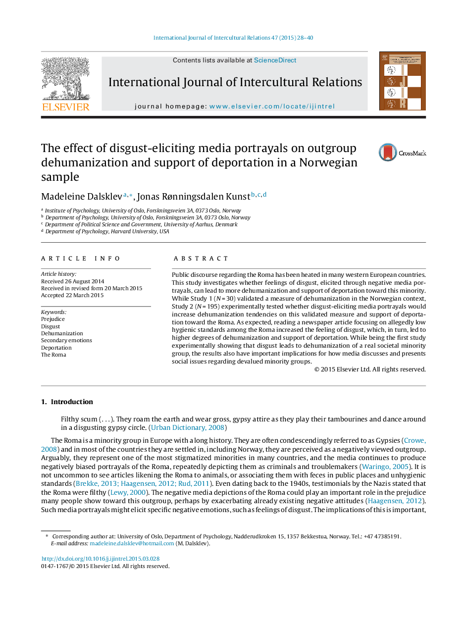 The effect of disgust-eliciting media portrayals on outgroup dehumanization and support of deportation in a Norwegian sample