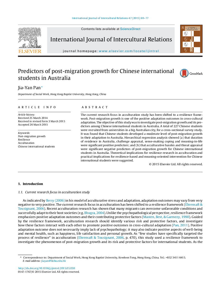 Predictors of post-migration growth for Chinese international students in Australia