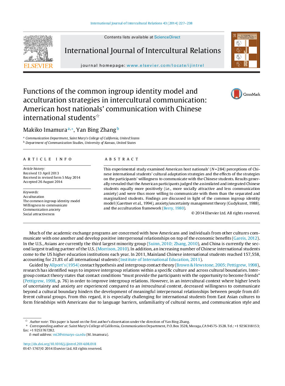 Functions of the common ingroup identity model and acculturation strategies in intercultural communication: American host nationals’ communication with Chinese international students 