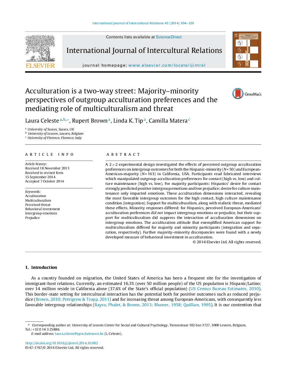 Acculturation is a two-way street: Majority–minority perspectives of outgroup acculturation preferences and the mediating role of multiculturalism and threat