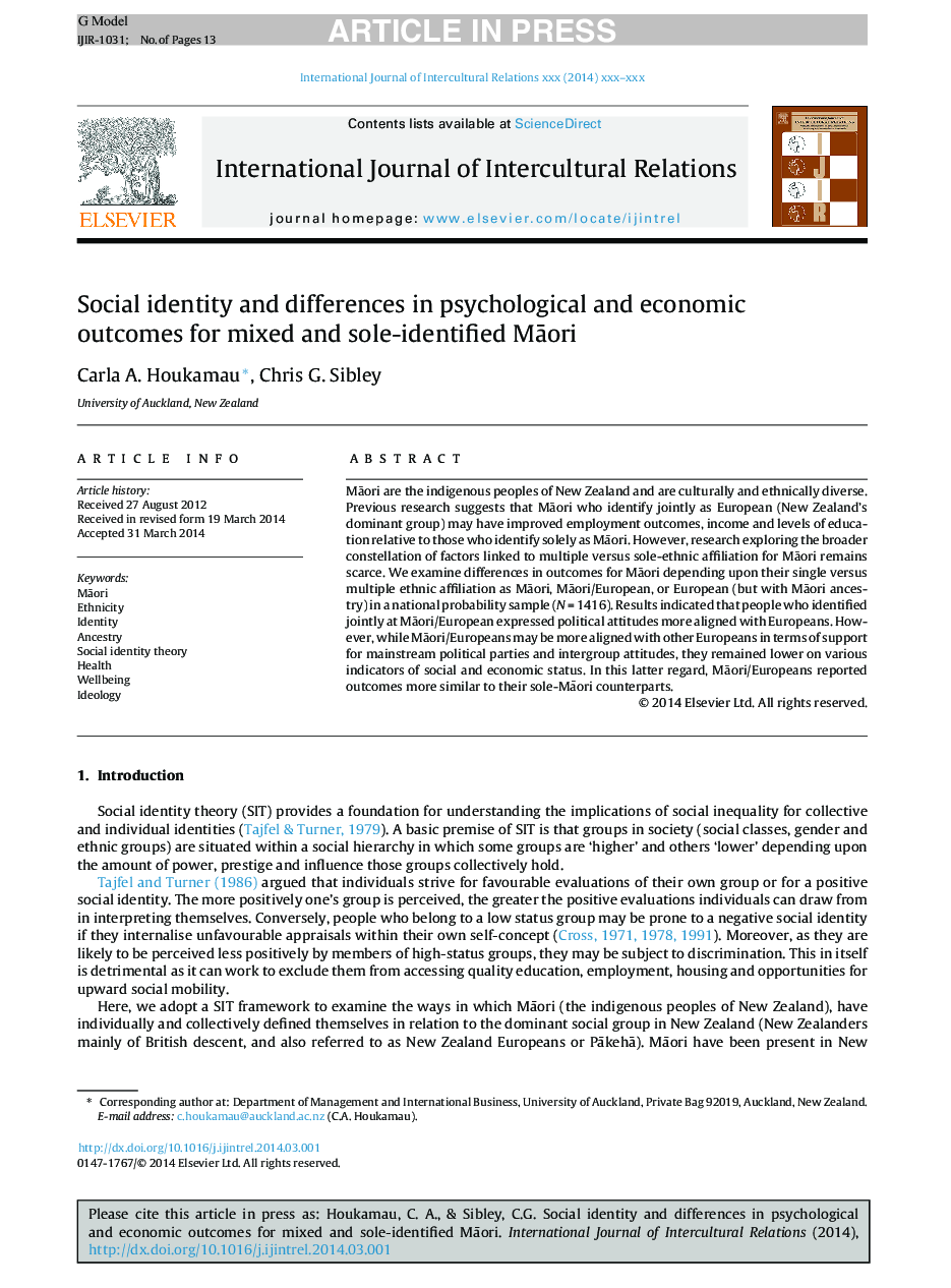 Social identity and differences in psychological and economic outcomes for mixed and sole-identified MÄori