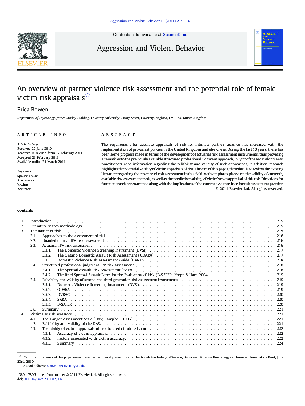 An overview of partner violence risk assessment and the potential role of female victim risk appraisals 