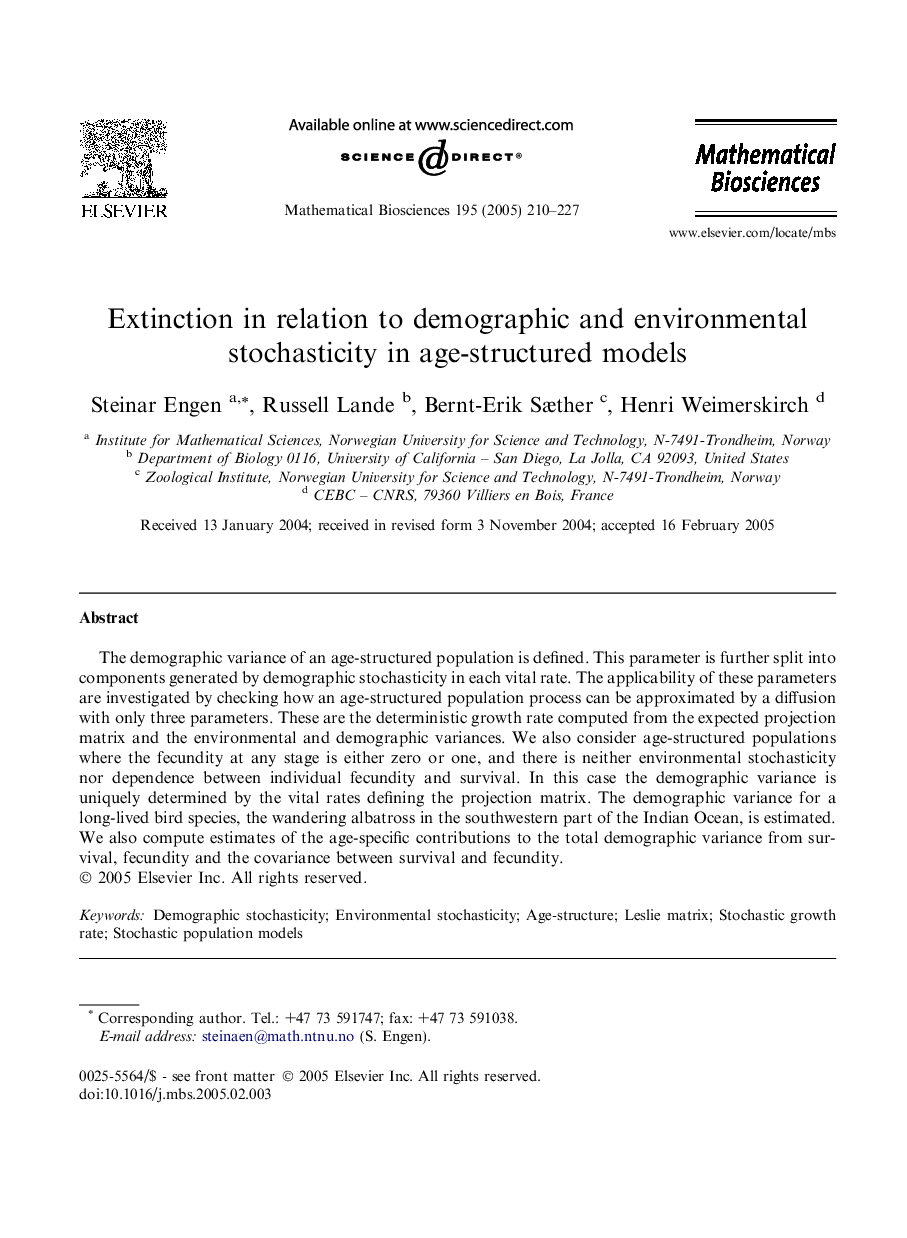 Extinction in relation to demographic and environmental stochasticity in age-structured models