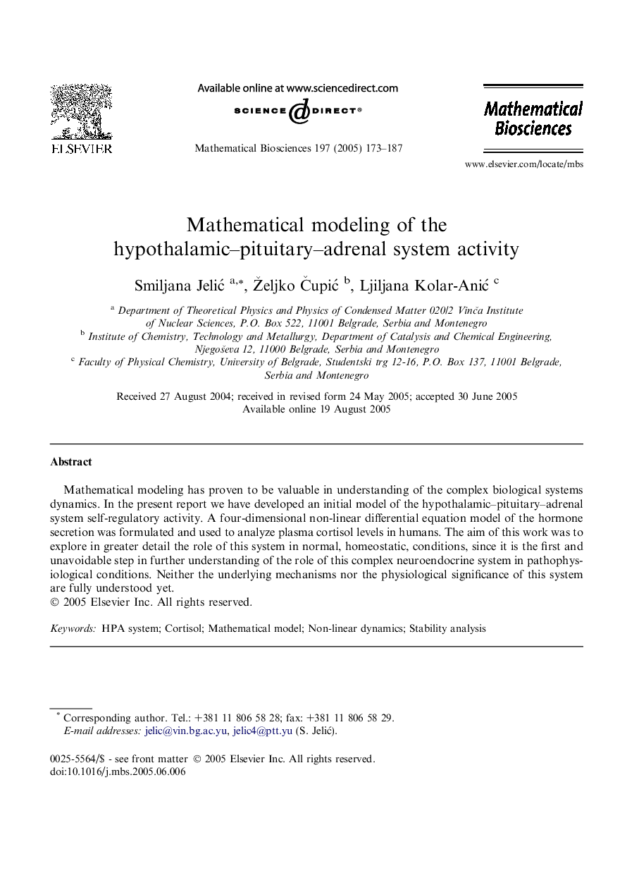 Mathematical modeling of the hypothalamic-pituitary-adrenal system activity