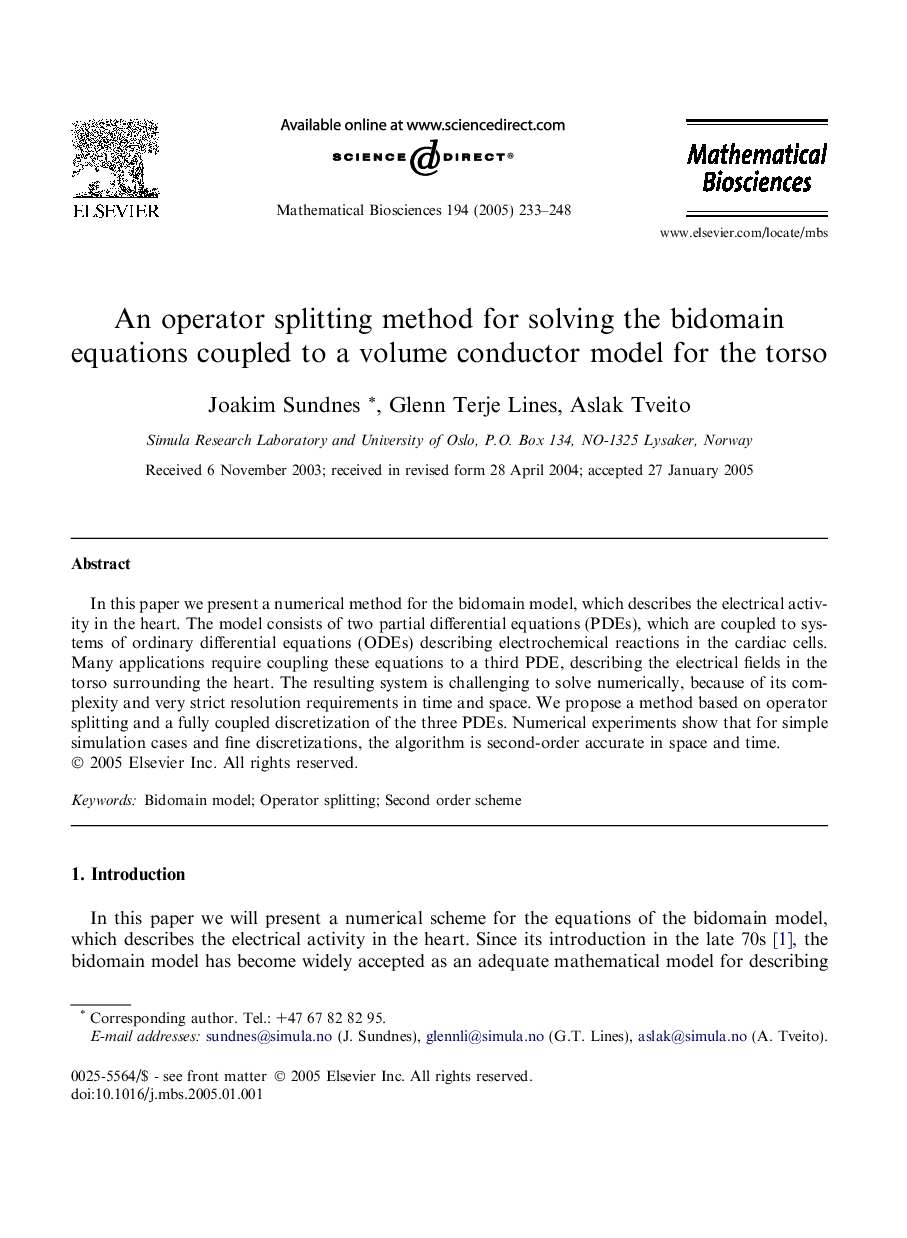 An operator splitting method for solving the bidomain equations coupled to a volume conductor model for the torso