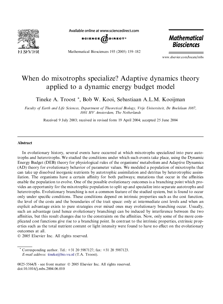 When do mixotrophs specialize? Adaptive dynamics theory applied to a dynamic energy budget model