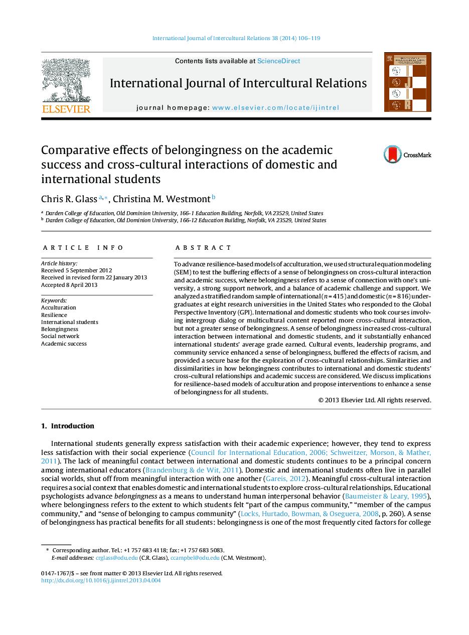 Comparative effects of belongingness on the academic success and cross-cultural interactions of domestic and international students