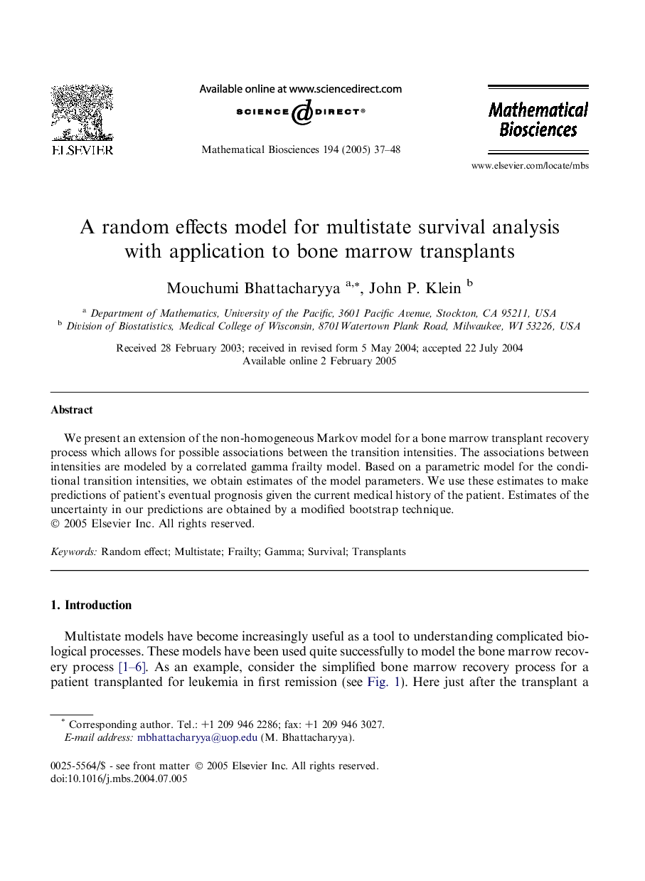 عکس صفحه اول مقاله: A random effects model for multistate survival analysis with application to bone marrow transplants A random effects model for multistate survival analysis with application to bone marrow transplants