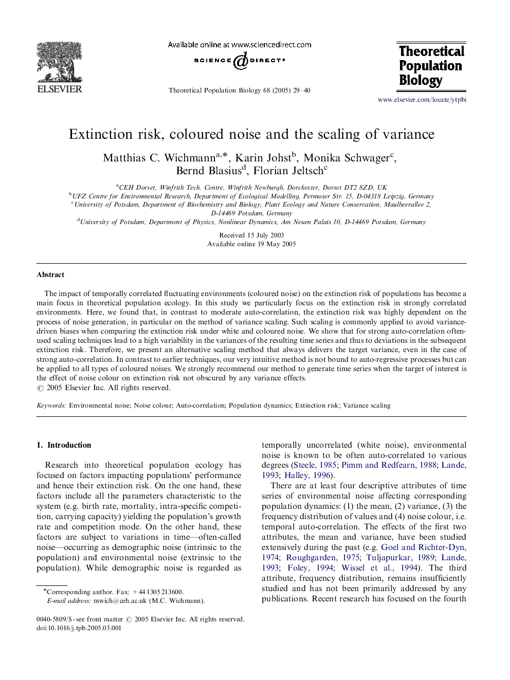 Extinction risk, coloured noise and the scaling of variance