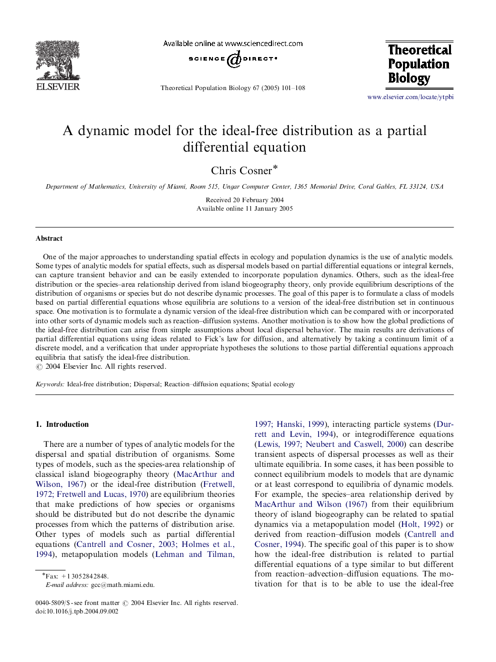 A dynamic model for the ideal-free distribution as a partial differential equation