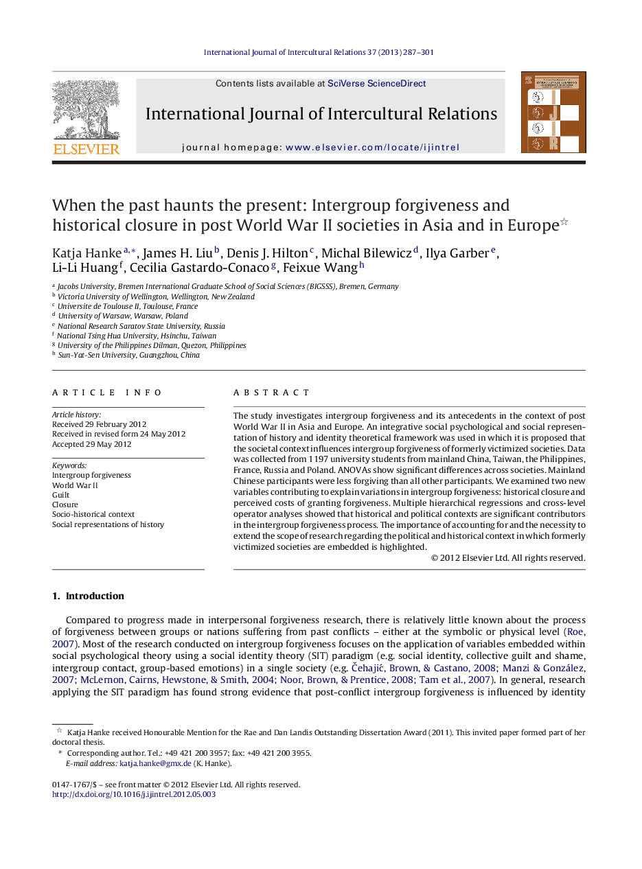 When the past haunts the present: Intergroup forgiveness and historical closure in post World War II societies in Asia and in Europe 