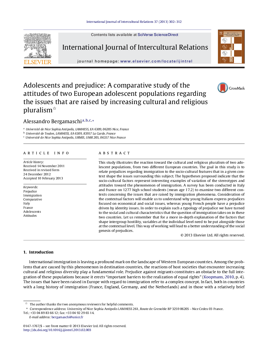 Adolescents and prejudice: A comparative study of the attitudes of two European adolescent populations regarding the issues that are raised by increasing cultural and religious pluralism 