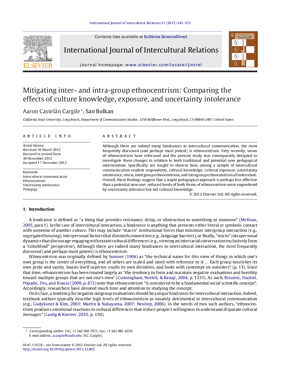 Mitigating inter- and intra-group ethnocentrism: Comparing the effects of culture knowledge, exposure, and uncertainty intolerance