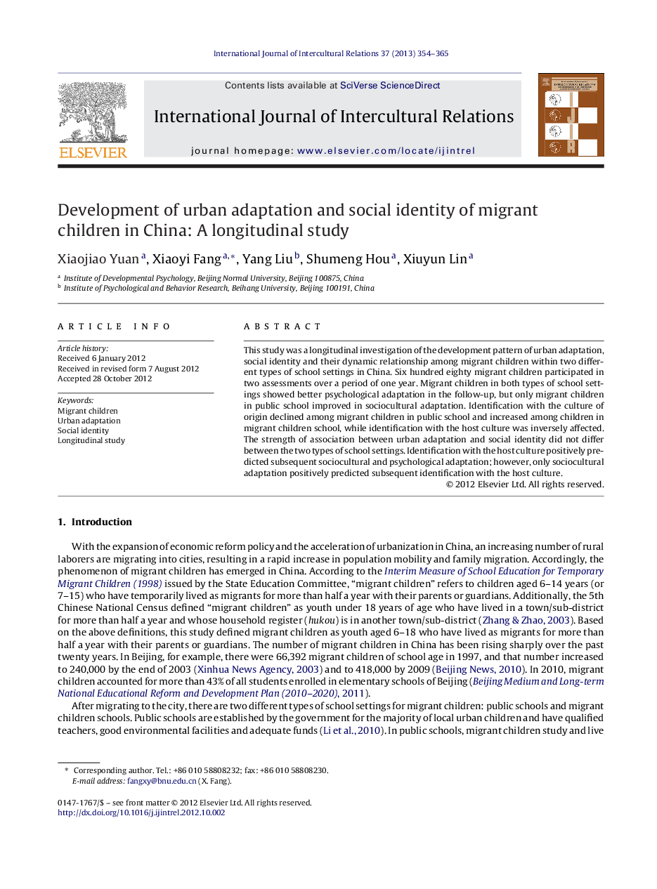 Development of urban adaptation and social identity of migrant children in China: A longitudinal study