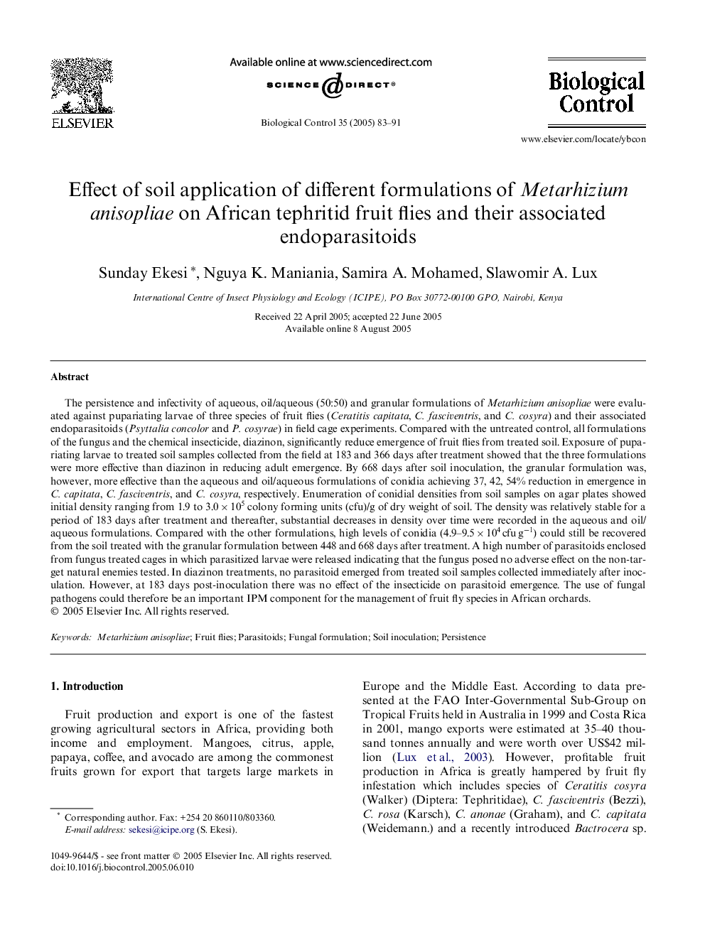 Effect of soil application of different formulations of Metarhizium anisopliae on African tephritid fruit flies and their associated endoparasitoids